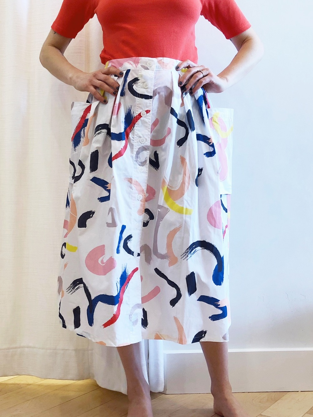LF Markey Botany Midi Skirt Colorful Abstract Button Front Cotton Pleated size 2